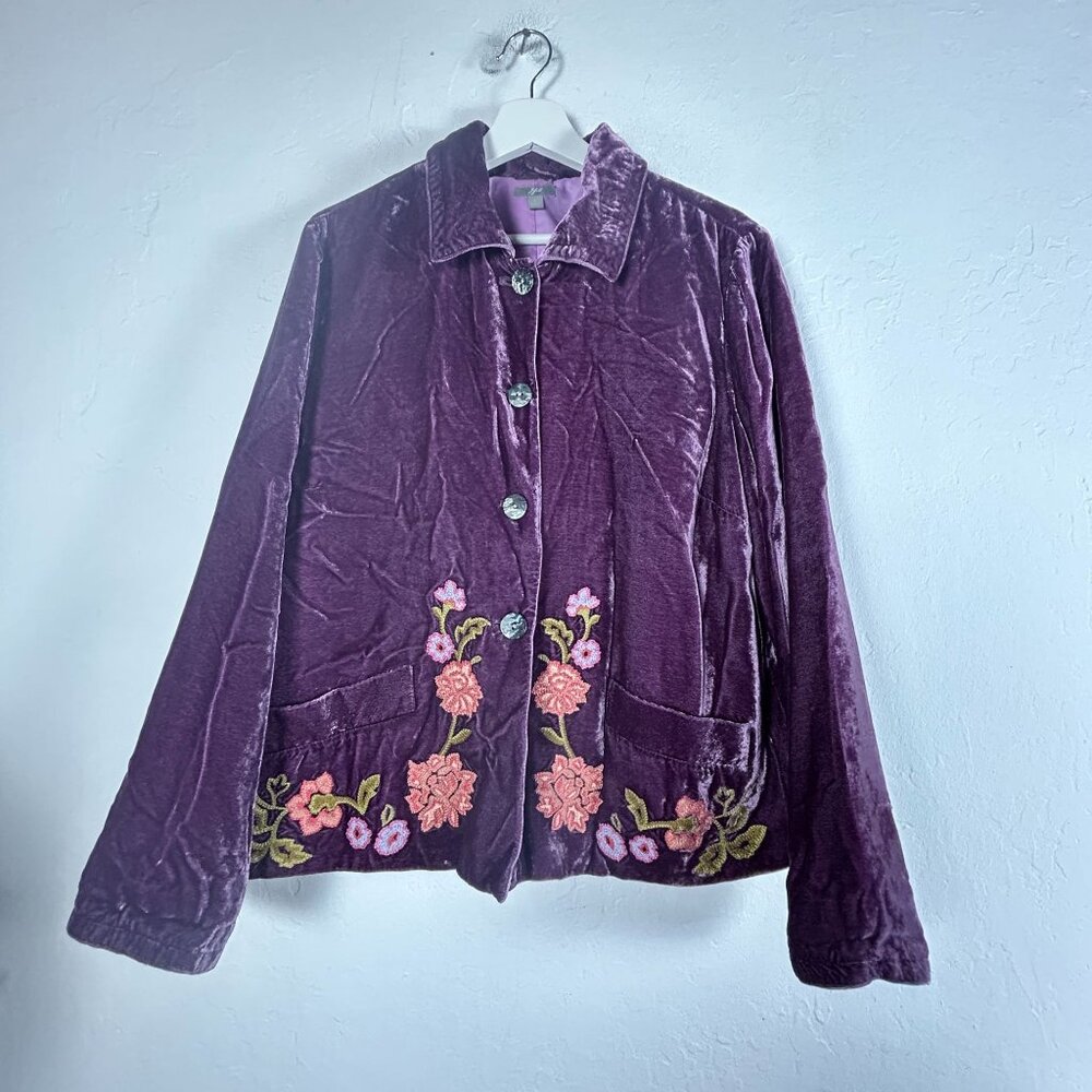 J. Jill Womens Purple Velvet Floral Embroidered Jacket Large Button-Front Lined